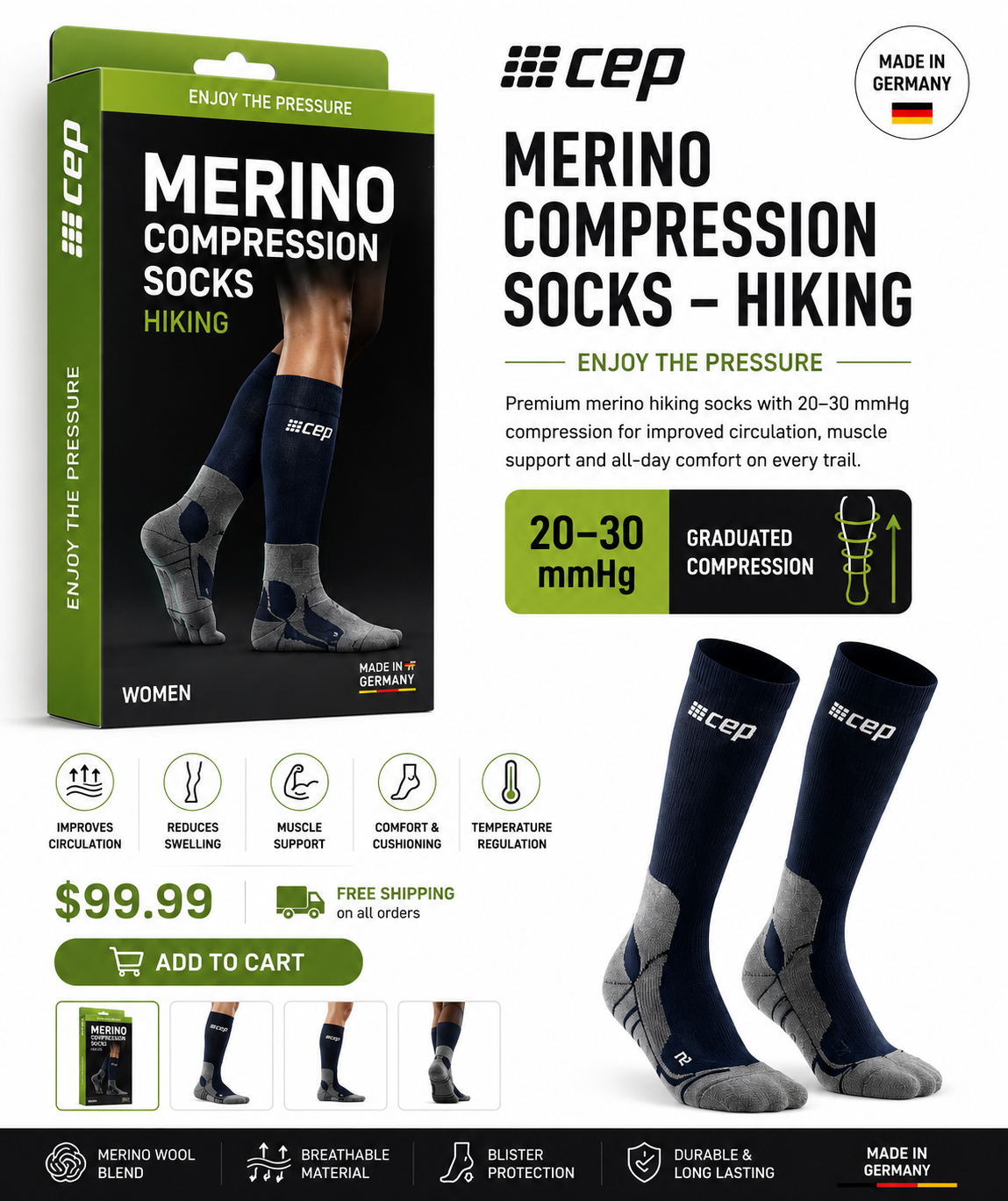 CEP Hiking Merino Compression Socks - Women’s 20–30 mmHg