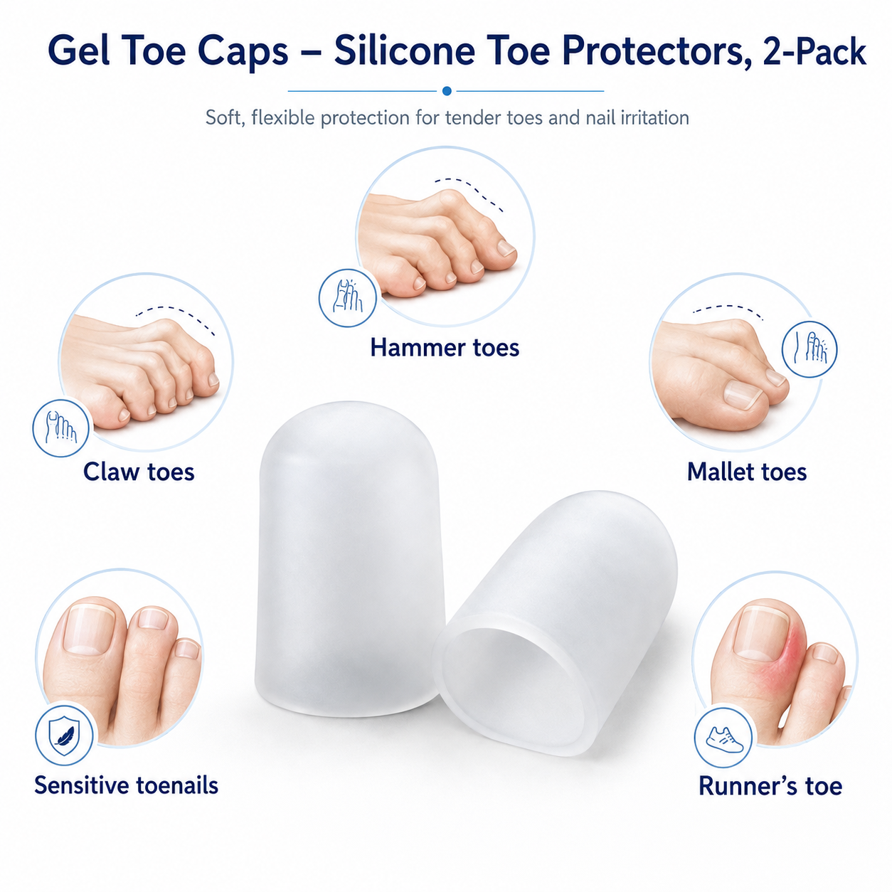 Gel Toe Caps – Silicone Toe Protectors, 2-Pack